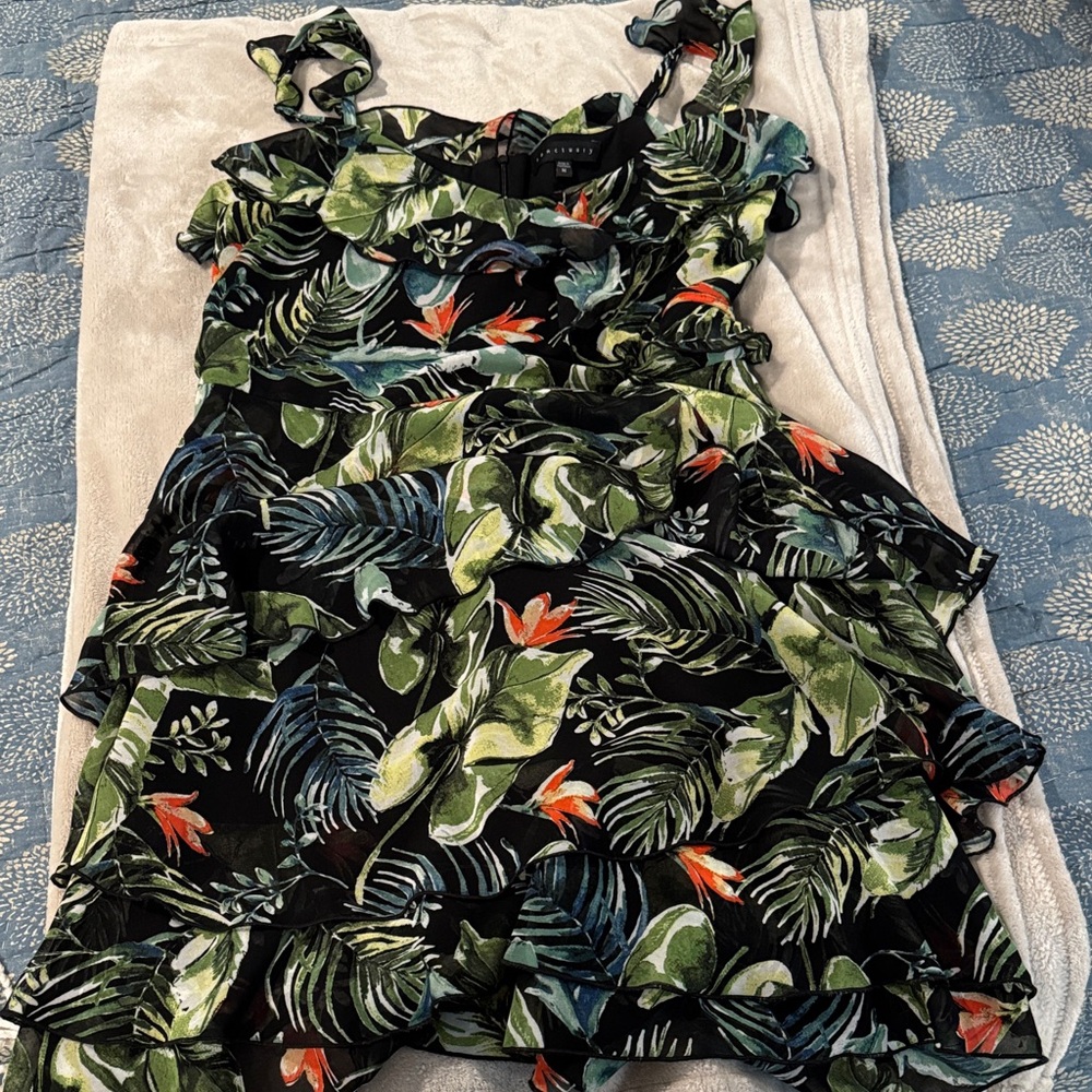 Sanctuary Black Dress with Green and Orange Tropical Print